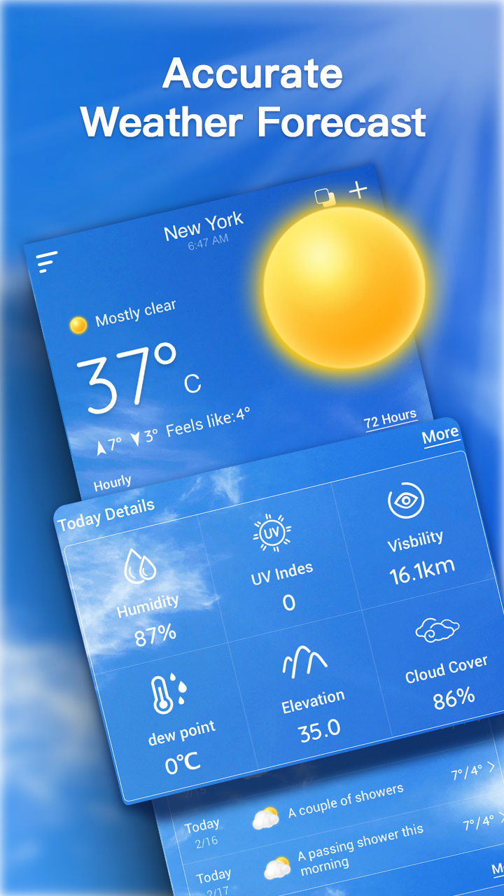 Today details panel with humidity, UV index, visibility, dew point, elevation and cloud cover