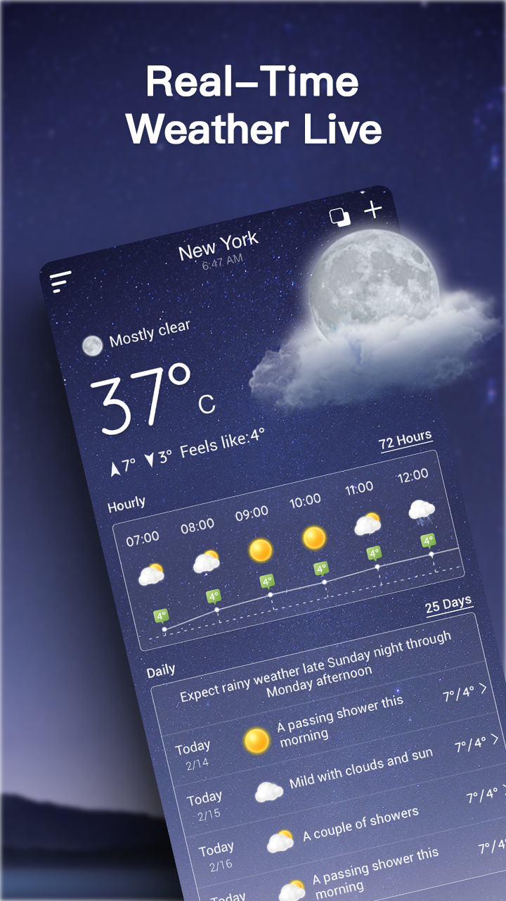 Live Weather Forecast main screen with real-time conditions, a 72-hour hourly strip and the daily outlook