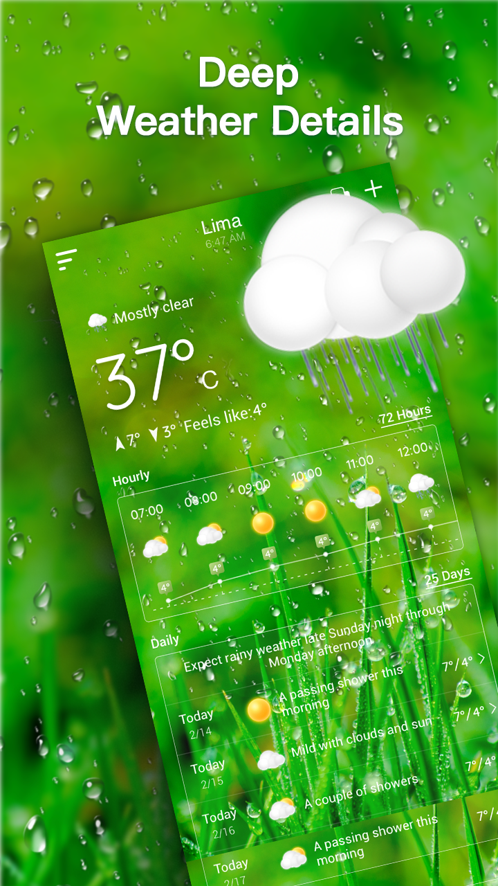 Deep weather details screen with hourly and 25-day forecast on a nature theme