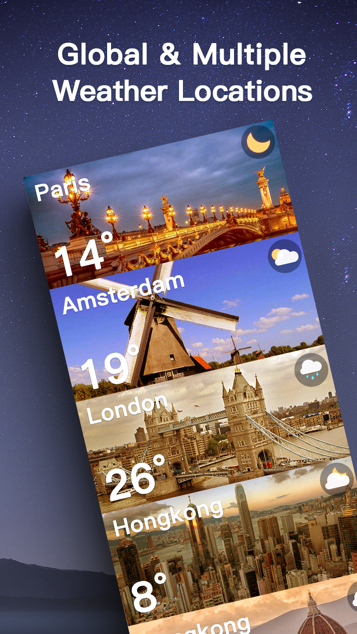 Multiple saved weather locations with photos and current temperatures