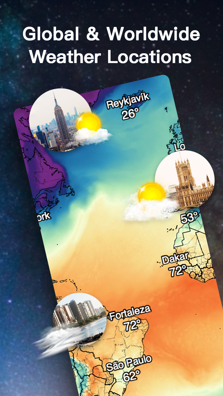 Worldwide weather map with temperatures for cities around the globe