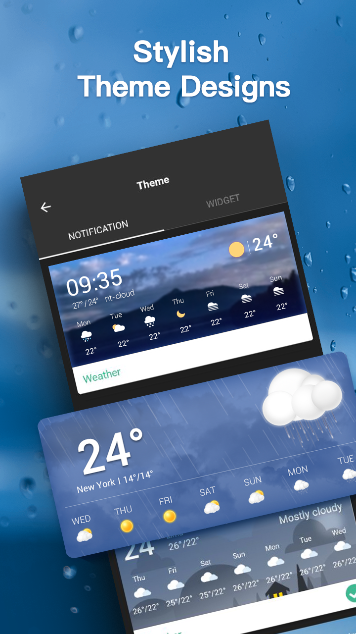 Stylish theme designs for notification and home screen weather widgets